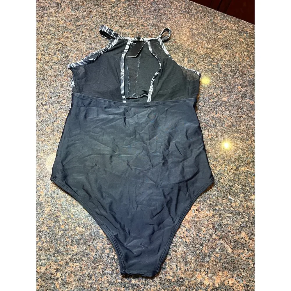 Tempt Me Black White One Piece High Neck Tummy Control Bathing Suit Size M NWT - Picture 12 of 16